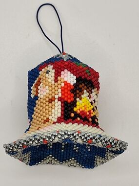 Hand-Beaded Bell Ornament in Blue, Red and Multicolor